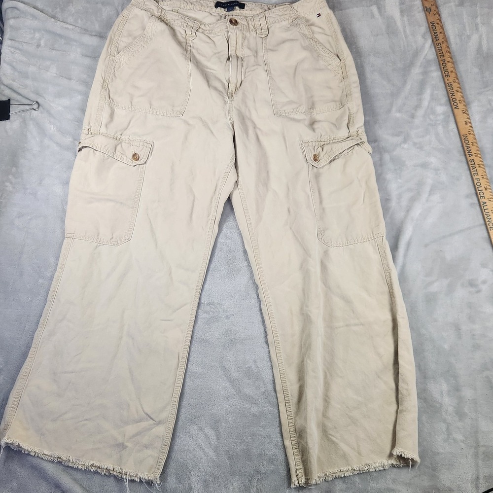 Tommy Hilfiger Linen Blend Cargo Pants Beige Raw Hem Women's 16 Gorpcore 90s Y2K